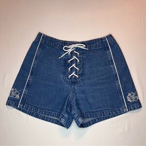 Vintage 90’s y2k Op Lace-Up Denim Shorts Blue Embroidered Floral Size 3